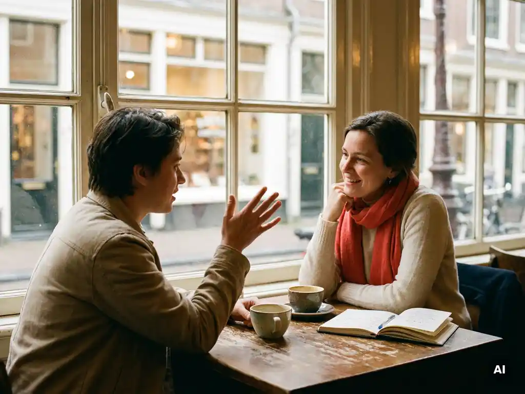 Twee collega's in gesprek aan een houten cafétafel in Amsterdam, met koffiekopjes en een opengeslagen notitieboek.