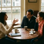 Drie collega's in gesprek aan een houten cafétafel in Amsterdam, met koffie en notitieboek, in warm natuurlijk daglicht.