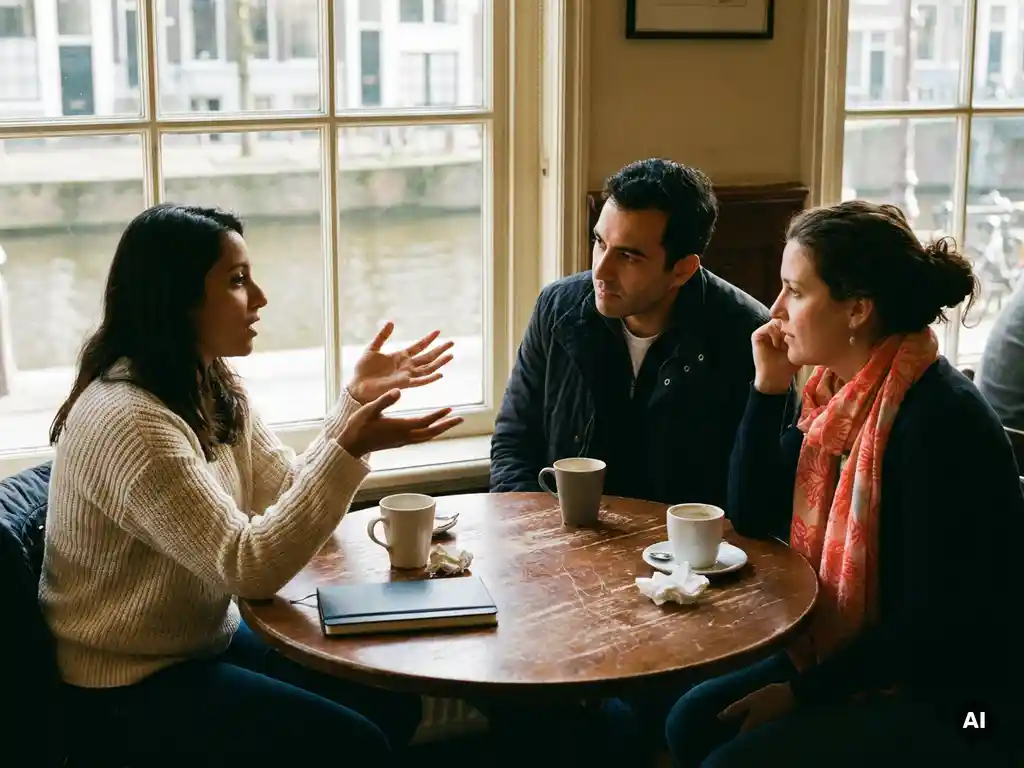 Drie collega's in gesprek aan een houten cafétafel in Amsterdam, met koffie en notitieboek, in warm natuurlijk daglicht.