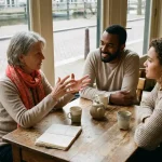 Drie mensen in gesprek aan een houten cafétafel in Amsterdam, oudere vrouw gebaart expressief terwijl twee jongeren aandachtig luisteren.