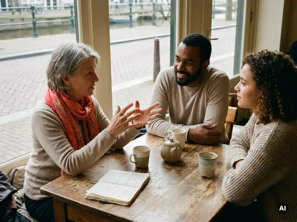 Drie mensen in gesprek aan een houten cafétafel in Amsterdam, oudere vrouw gebaart expressief terwijl twee jongeren aandachtig luisteren.