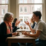 Twee vrouwen van verschillende generaties in gesprek aan een houten cafétafel in Amsterdam, met koffiekopjes en warm natuurlijk licht.