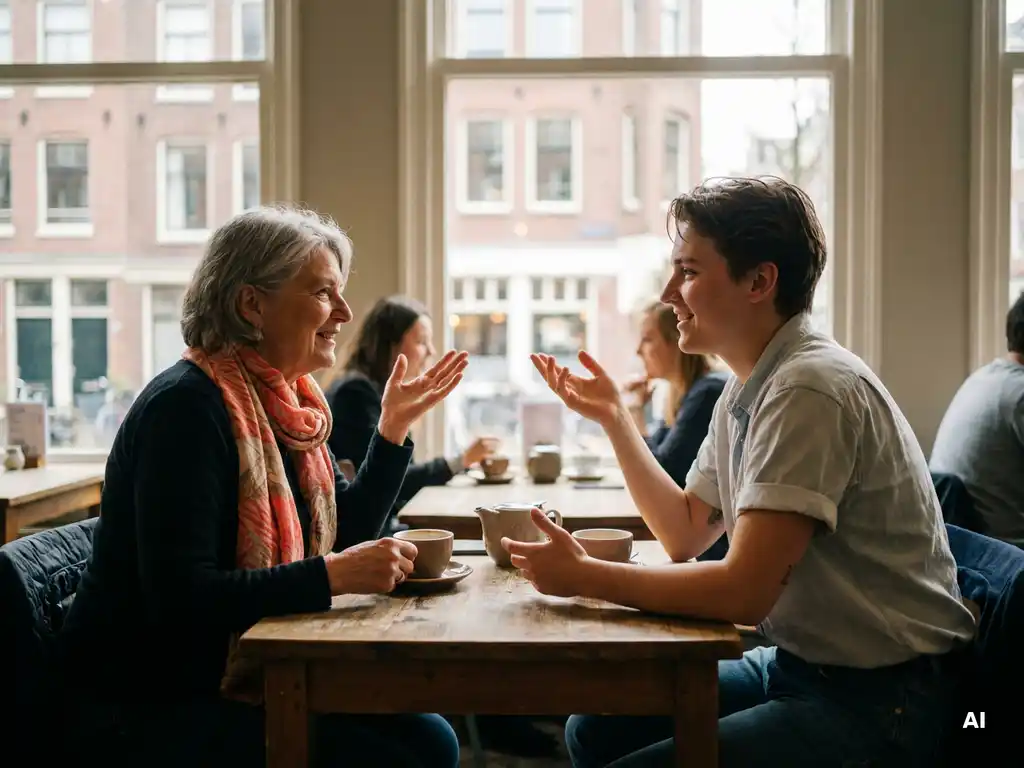 Twee vrouwen van verschillende generaties in gesprek aan een houten cafétafel in Amsterdam, met koffiekopjes en warm natuurlijk licht.