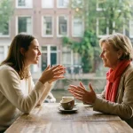 Twee vrouwen van verschillende generaties in gesprek aan een houten cafétafel in Amsterdam, handen gebarend, warme middaglichtinval.