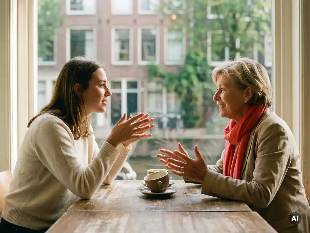 Twee vrouwen van verschillende generaties in gesprek aan een houten cafétafel in Amsterdam, handen gebarend, warme middaglichtinval.