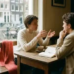 Twee mensen in gesprek aan een houten cafétafel in Amsterdam, met koffie en een opengeslagen notitieboek in zacht natuurlijk licht.