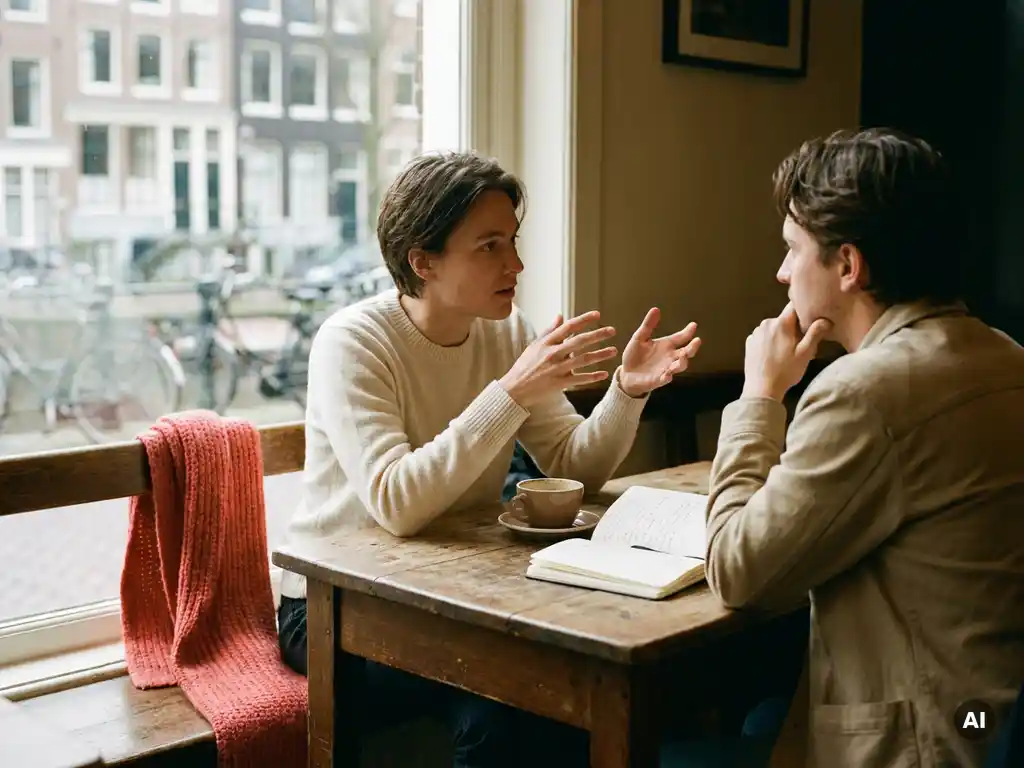 Twee mensen in gesprek aan een houten cafétafel in Amsterdam, met koffie en een opengeslagen notitieboek in zacht natuurlijk licht.