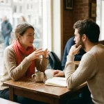 Twee mensen in gesprek aan een versleten houten cafétafel in Amsterdam, met koffie en een open notitieboek in warm natuurlijk licht.