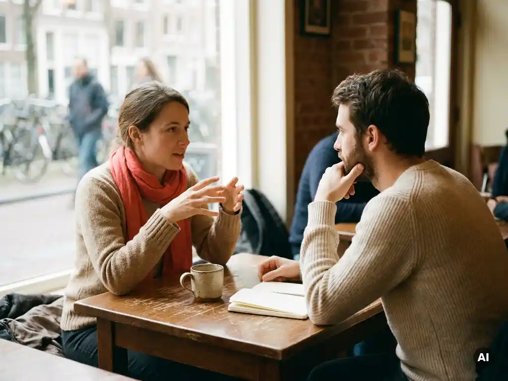 Twee mensen in gesprek aan een versleten houten cafétafel in Amsterdam, met koffie en een open notitieboek in warm natuurlijk licht.