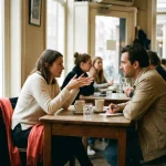 Twee mensen in gesprek aan een versleten houten cafétafel in Amsterdam, met keramische koffiekopjes en een koraalrood sjaal.