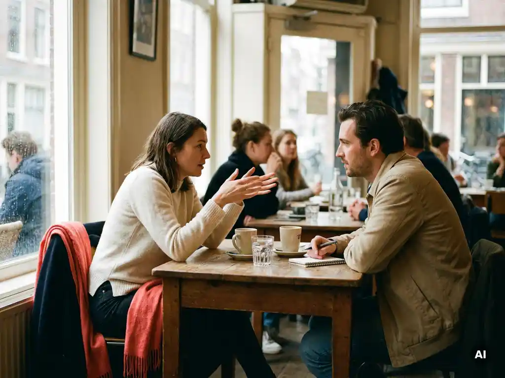 Twee mensen in gesprek aan een versleten houten cafétafel in Amsterdam, met keramische koffiekopjes en een koraalrood sjaal.