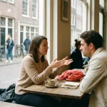 Twee mensen in gesprek aan een houten cafétafel in Amsterdam, één gebarend met open handen, warm natuurlijk licht.