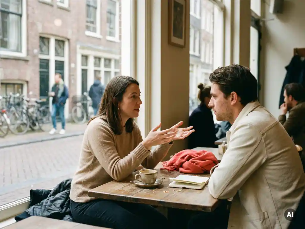Twee mensen in gesprek aan een houten cafétafel in Amsterdam, één gebarend met open handen, warm natuurlijk licht.