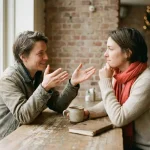 Twee mensen in gesprek aan een houten cafétafel in Amsterdam, met een koffiekopje en notitieboek, zacht natuurlijk licht.