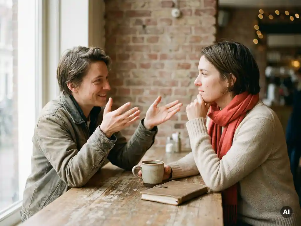 Twee mensen in gesprek aan een houten cafétafel in Amsterdam, met een koffiekopje en notitieboek, zacht natuurlijk licht.