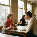 Twee mensen in gesprek aan een versleten houten cafétafel in Amsterdam, met koffie en notitieboekje, in warm natuurlijk daglicht.