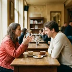 Twee mensen in gesprek aan een versleten houten cafétafel in Amsterdam, één gebaart expressief terwijl de ander aandachtig luistert.