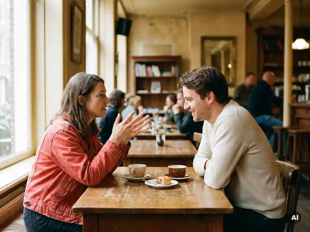 Twee mensen in gesprek aan een versleten houten cafétafel in Amsterdam, één gebaart expressief terwijl de ander aandachtig luistert.