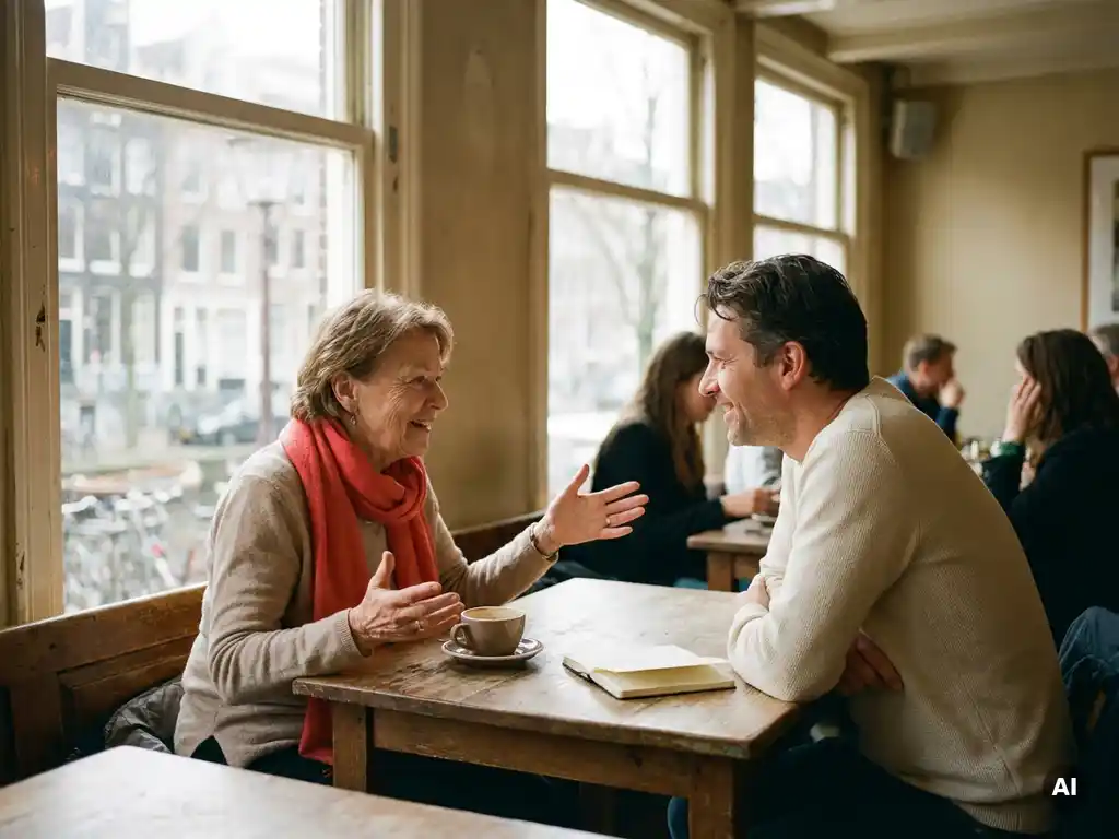 Twee mensen in gesprek aan een versleten houten cafétafel in Amsterdam, met koffie en notitieboekje, in warm natuurlijk daglicht.