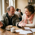 Twee mensen in gesprek aan een houten cafétafel in Amsterdam, omringd door handgeschreven notities en een kop koffie.