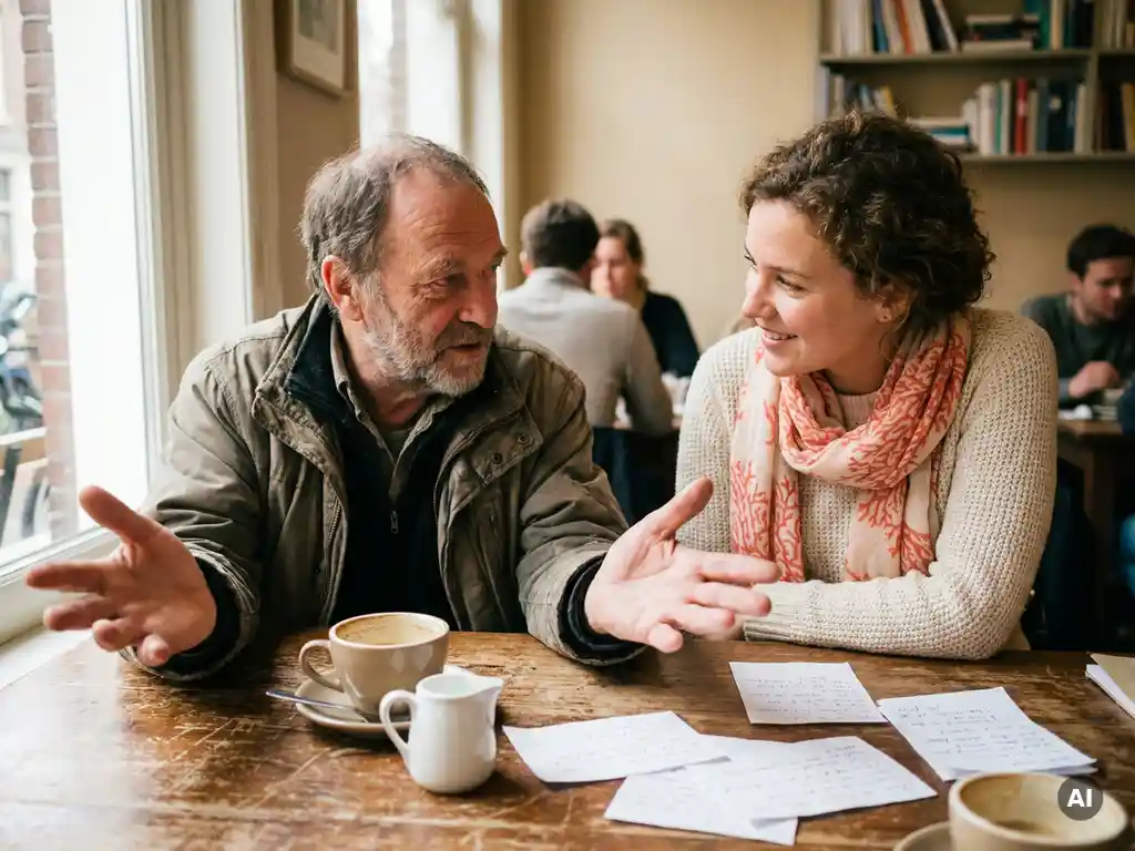 Twee mensen in gesprek aan een houten cafétafel in Amsterdam, omringd door handgeschreven notities en een kop koffie.