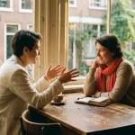 Twee mensen in gesprek aan een houten cafétafel in Amsterdam, met koffie en notitieboekje, warm middaglicht door grote ramen.
