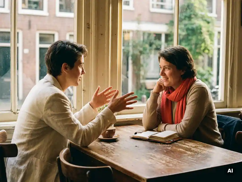 Twee mensen in gesprek aan een houten cafétafel in Amsterdam, met koffie en notitieboekje, warm middaglicht door grote ramen.