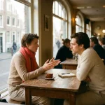 Twee mensen in gesprek aan een houten cafétafel in Amsterdam, met koffie en notitieblok, warm natuurlijk licht.