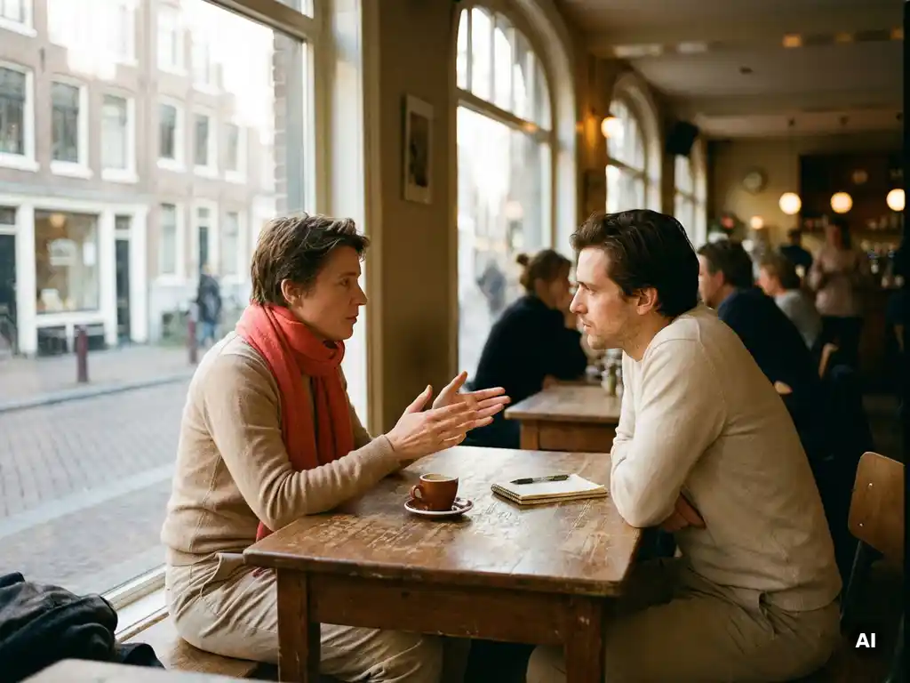 Twee mensen in gesprek aan een houten cafétafel in Amsterdam, met koffie en notitieblok, warm natuurlijk licht.