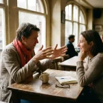 Twee mensen in gesprek aan een houten cafétafel in Amsterdam, met koffiekopje en notitieboekje, warm natuurlijk licht.