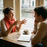 Twee mensen in gesprek aan een houten cafétafel in Amsterdam, met koffie en een open notitieboek, in warm natuurlijk daglicht.