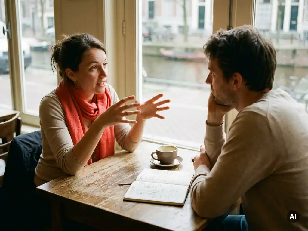 Twee mensen in gesprek aan een houten cafétafel in Amsterdam, met koffie en een open notitieboek, in warm natuurlijk daglicht.