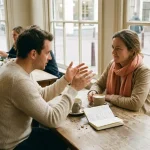 Twee mensen in gesprek aan een houten cafétafel in Amsterdam, met koffiekopjes en een open notitieboek, in warm natuurlijk daglicht.