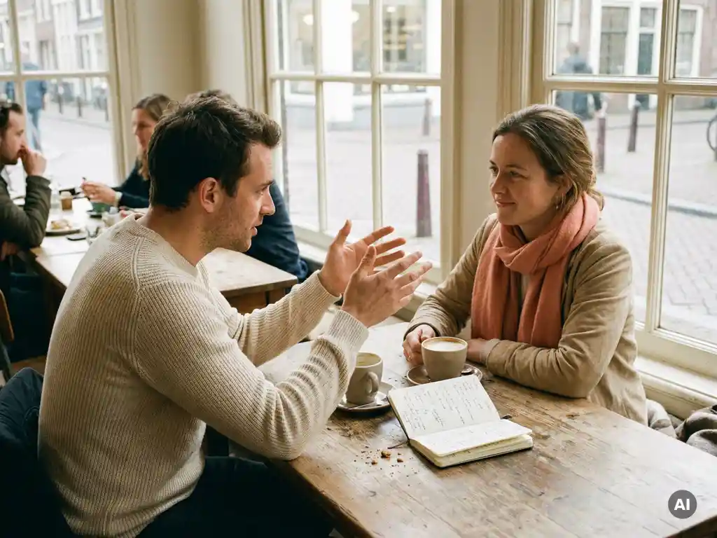 Twee mensen in gesprek aan een houten cafétafel in Amsterdam, met koffiekopjes en een open notitieboek, in warm natuurlijk daglicht.