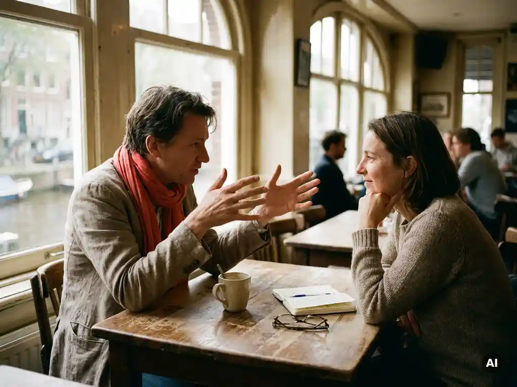 Twee mensen in gesprek aan een houten cafétafel in Amsterdam, met koffiekopje en notitieboekje, warm natuurlijk licht.