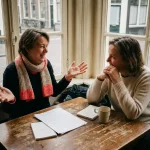 Twee mensen in gesprek aan een versleten houten cafétafel in Amsterdam, met koffie en handgeschreven notities, in warm natuurlijk daglicht.