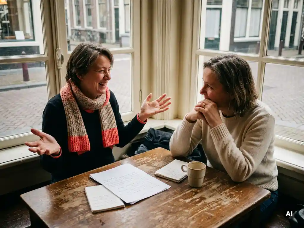 Twee mensen in gesprek aan een versleten houten cafétafel in Amsterdam, met koffie en handgeschreven notities, in warm natuurlijk daglicht.