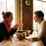 Twee mensen in gesprek aan een versleten houten cafétafel in Amsterdam, met keramische kopjes en een notitieboekje erbij.