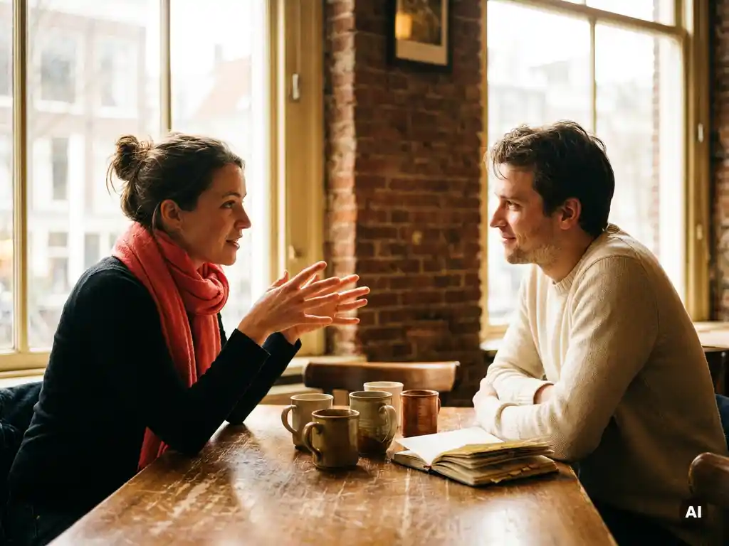 Twee mensen in gesprek aan een versleten houten cafétafel in Amsterdam, met keramische kopjes en een notitieboekje erbij.