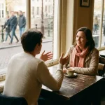 Twee mensen in gesprek aan een houten cafétafel in Amsterdam, één gebaart met open handen terwijl de ander aandachtig luistert.