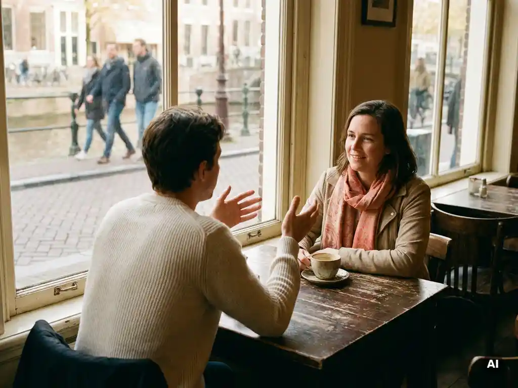 Twee mensen in gesprek aan een houten cafétafel in Amsterdam, één gebaart met open handen terwijl de ander aandachtig luistert.