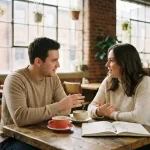 Twee mensen in levendig gesprek aan een houten cafétafel in Amsterdam, met koffie en een open notitieboek.