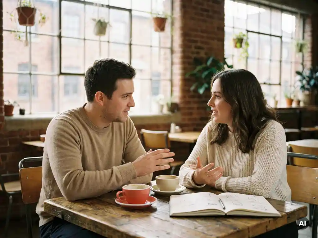 Twee mensen in levendig gesprek aan een houten cafétafel in Amsterdam, met koffie en een open notitieboek.