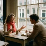 Twee mensen in gesprek aan een houten cafétafel in Amsterdam, met een keramische koffiekop en notitieboekje, in warm natuurlijk daglicht.