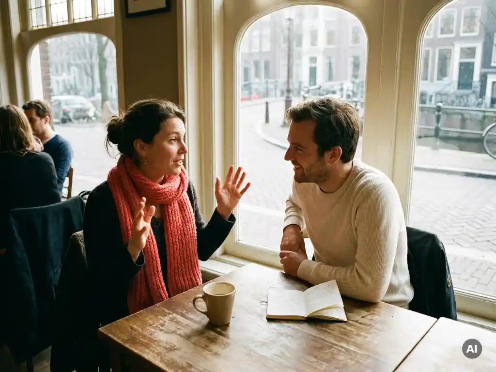 Twee mensen in gesprek aan een houten cafétafel in Amsterdam, met koffie en een opengeslagen notitieboek in zacht natuurlijk licht.