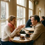 Twee mensen in gesprek aan een houten cafétafel in Amsterdam, met koffiekopjes en een open notitieboek in warm daglicht.