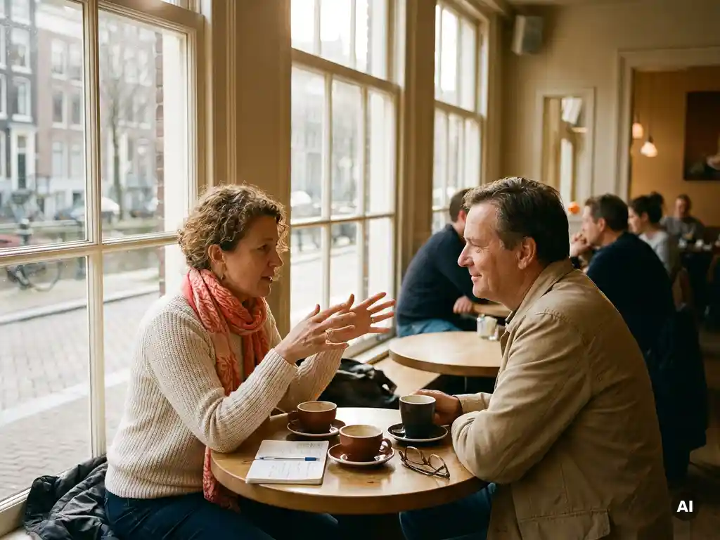 Twee mensen in gesprek aan een houten cafétafel in Amsterdam, met koffiekopjes en een open notitieboek in warm daglicht.