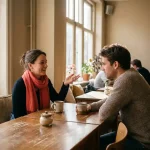 Twee mensen in gesprek aan een houten cafétafel in Amsterdam, één gebarend, de ander luisterend, met keramische koffiekopjes ertussen.