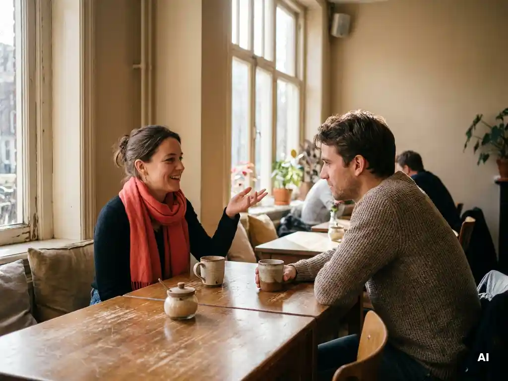 Twee mensen in gesprek aan een houten cafétafel in Amsterdam, één gebarend, de ander luisterend, met keramische koffiekopjes ertussen.