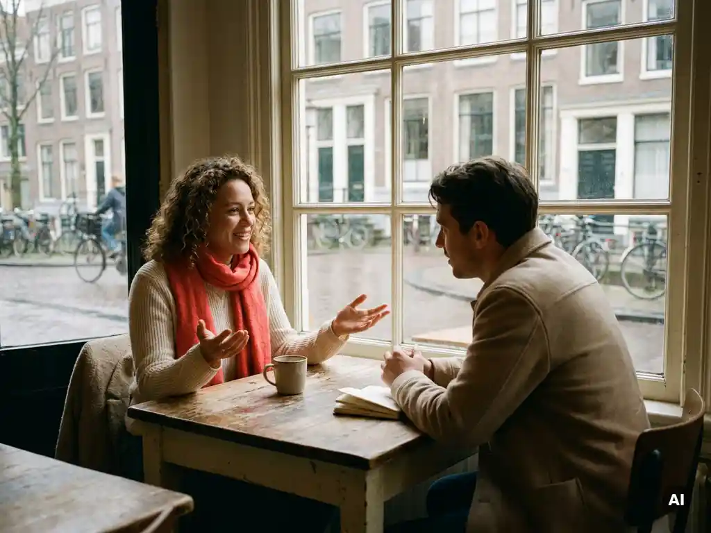 Twee mensen in gesprek aan een houten cafétafel in Amsterdam, met een keramische koffiekop en notitieboekje, in warm natuurlijk daglicht.